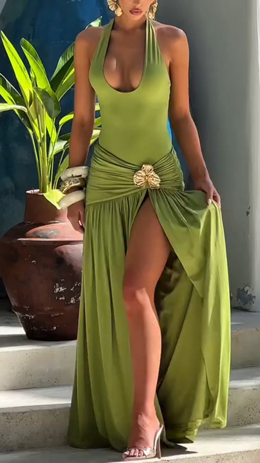 Ladies' Neck Hanging Spliced Slit Casual Vacation Style Dress - MATCHING MASTER