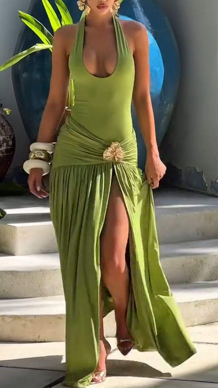 Ladies' Neck Hanging Spliced Slit Casual Vacation Style Dress - MATCHING MASTER