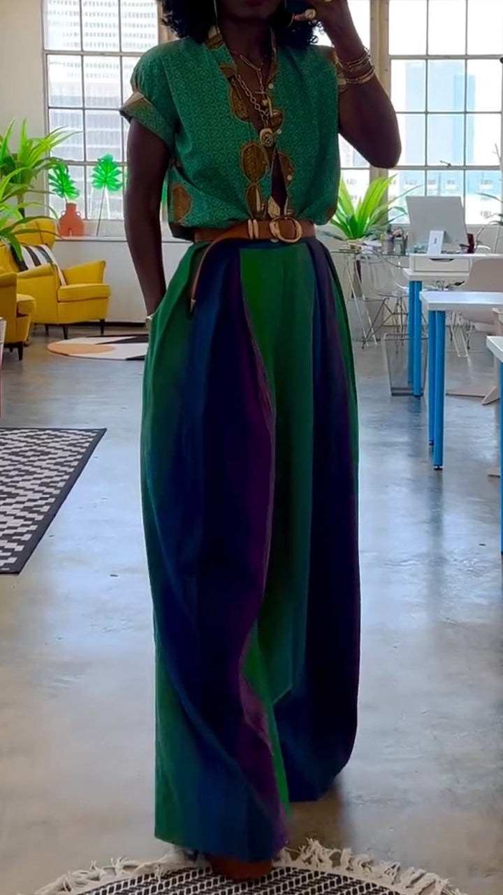 Ladies Round Neck Printed Top+ Contrasting Pants Casual Set - MATCHING MASTER