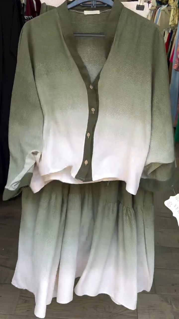 Ladies' V-neck Breasted Gradient Top+ Skirt Casual Set - MATCHING MASTER