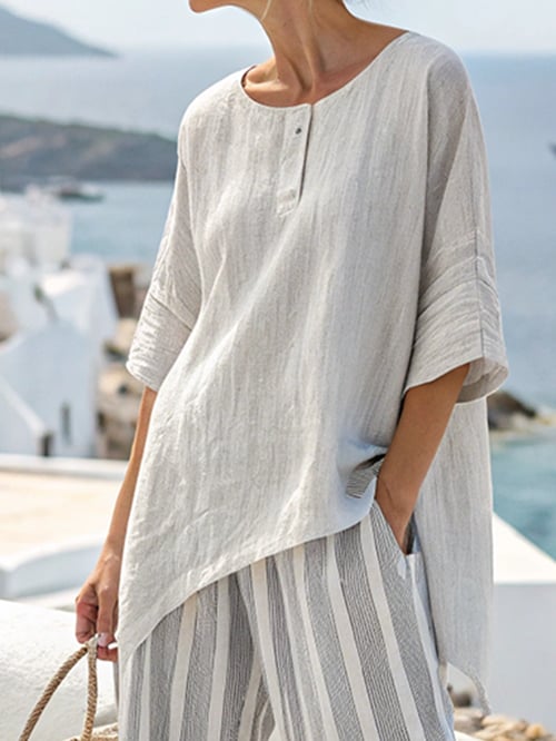 Women Summer Loose Striped Casual Elastic Waist Pants Set - MATCHING MASTER