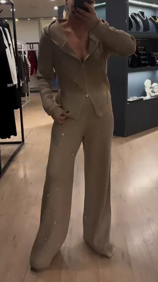 Ladies Round Neck Hooded Zipper Top+ Pants Sequin Casual Set - MATCHING MASTER