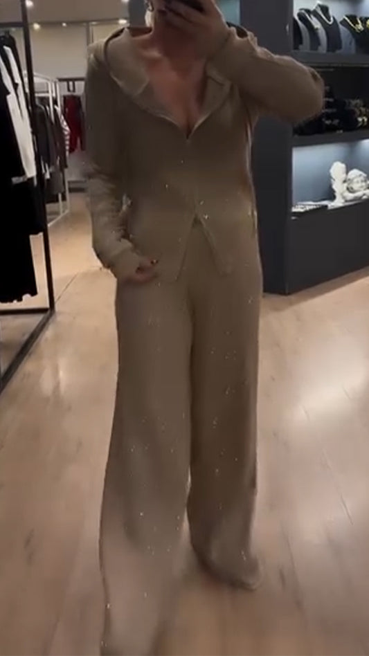 Ladies Round Neck Hooded Zipper Top+ Pants Sequin Casual Set - MATCHING MASTER