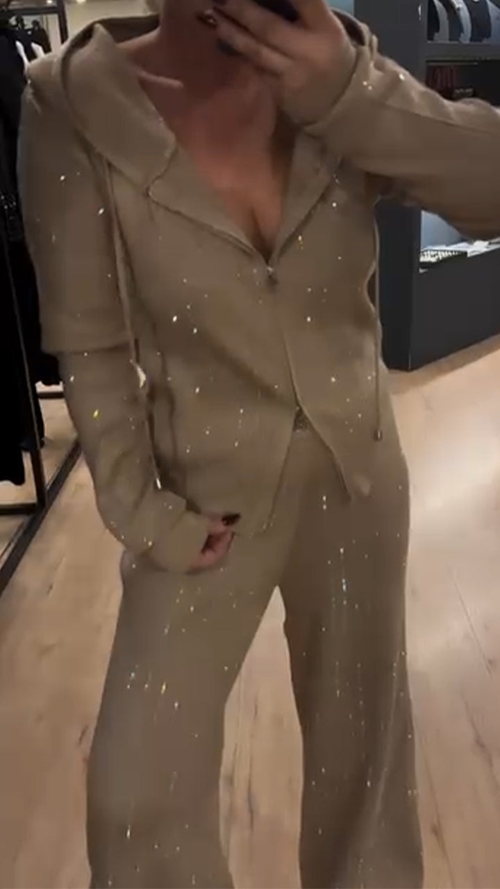 Ladies Round Neck Hooded Zipper Top+ Pants Sequin Casual Set - MATCHING MASTER