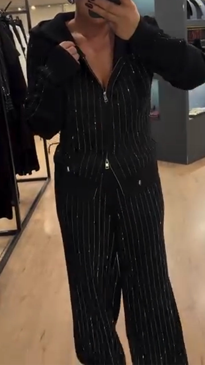 Ladies Round Neck Hooded Zipper Top+ Pants Sequin Casual Set - MATCHING MASTER