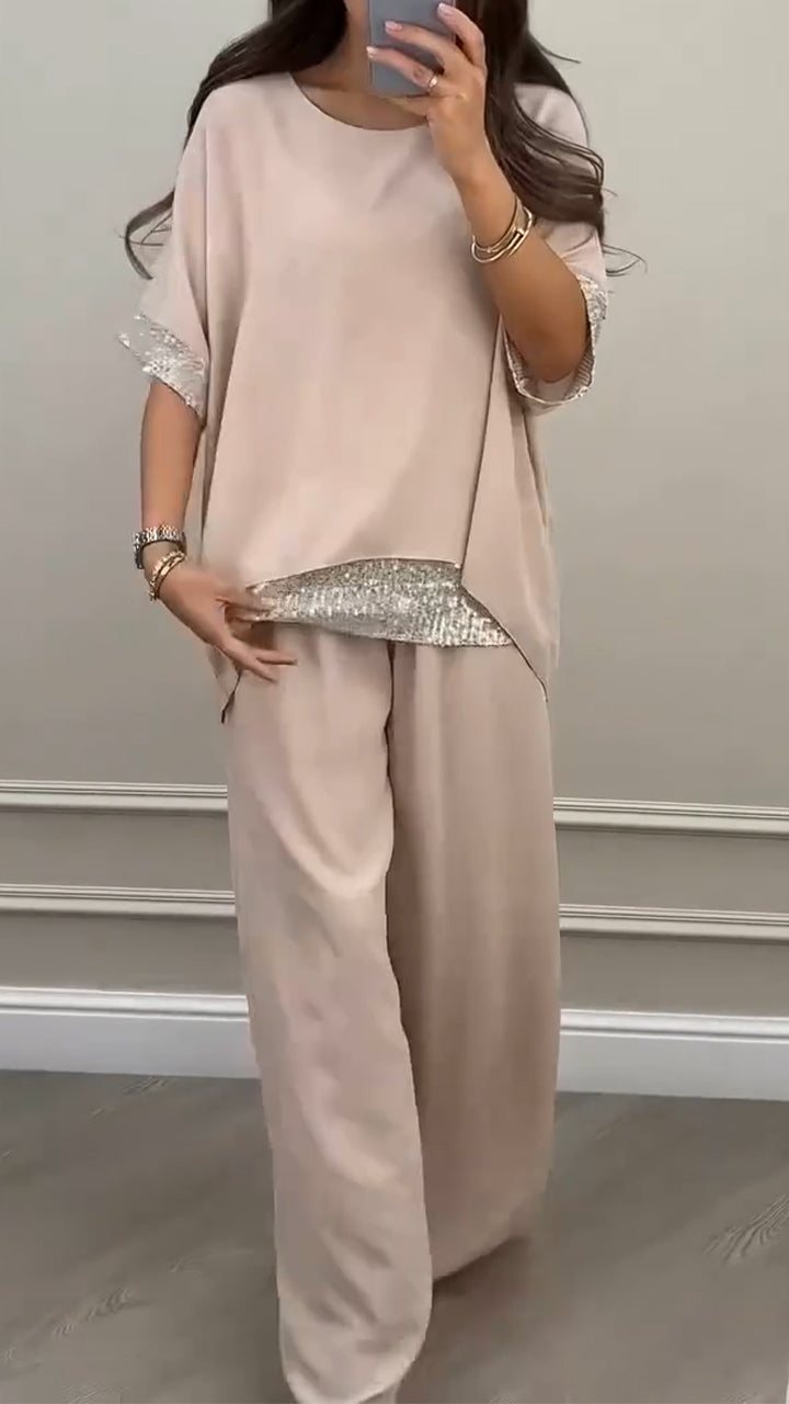 Women's Round Neck Shiny Splicing Casual Set - MATCHING MASTER