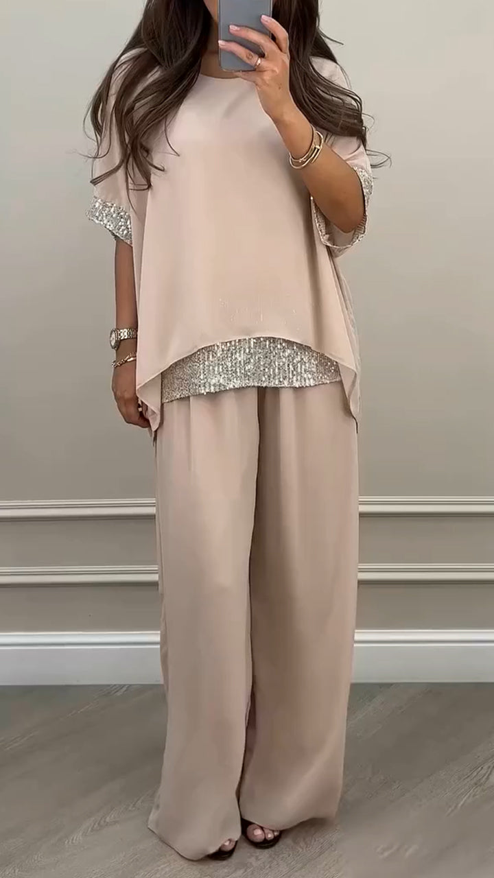 Women's Round Neck Shiny Splicing Casual Set - MATCHING MASTER