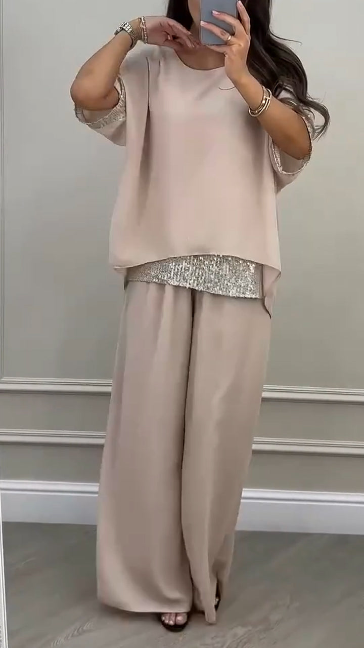 Women's Round Neck Shiny Splicing Casual Set - MATCHING MASTER