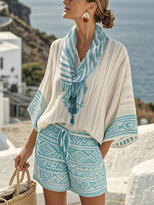 Ladies' Collar Vertical Print Casual Set - MATCHING MASTER