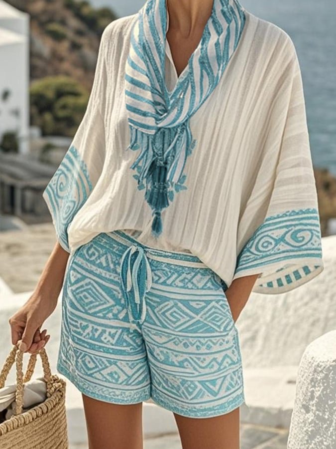 Ladies' Collar Vertical Print Casual Set - MATCHING MASTER