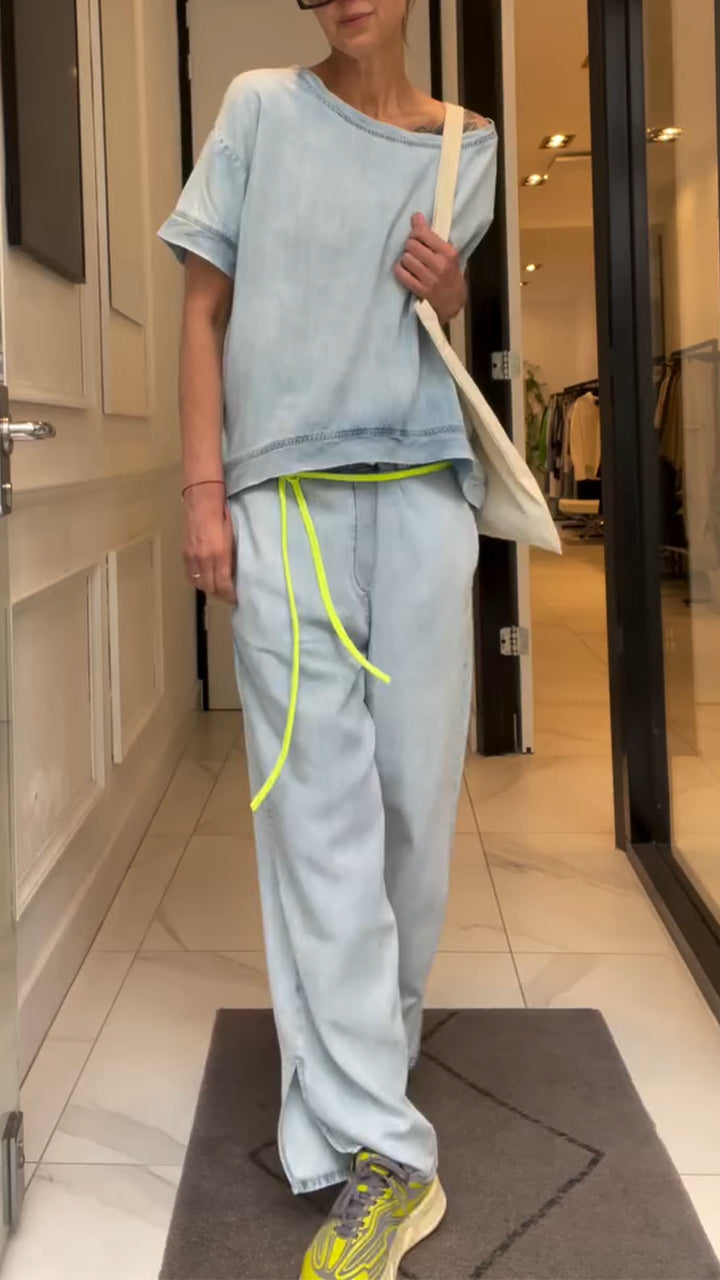 Ladies' Diagonal Collar Solid Color Top+ Casual Pants Suit - MATCHING MASTER