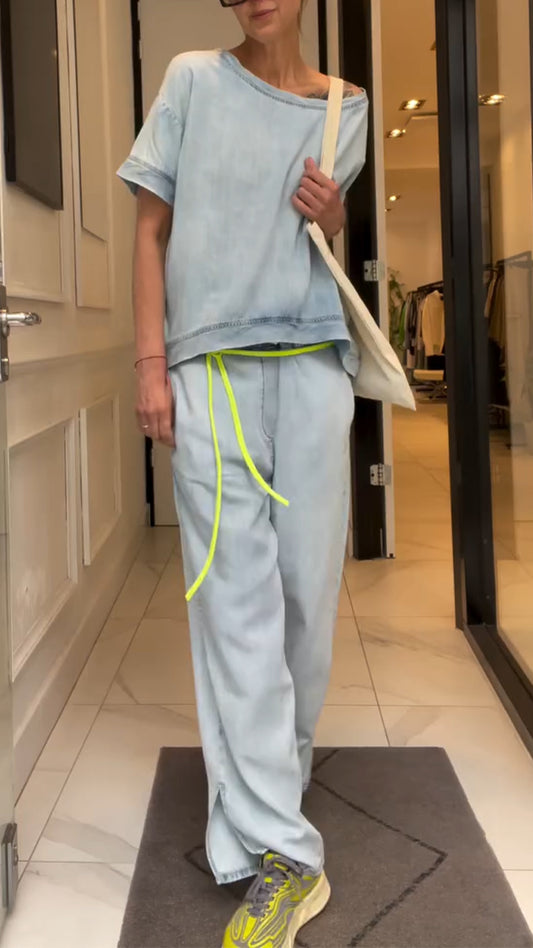 Ladies' Diagonal Collar Solid Color Top+ Casual Pants Suit - MATCHING MASTER