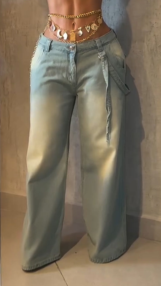 Ladies' Wash Water Splicing Pocket Denim Jeans