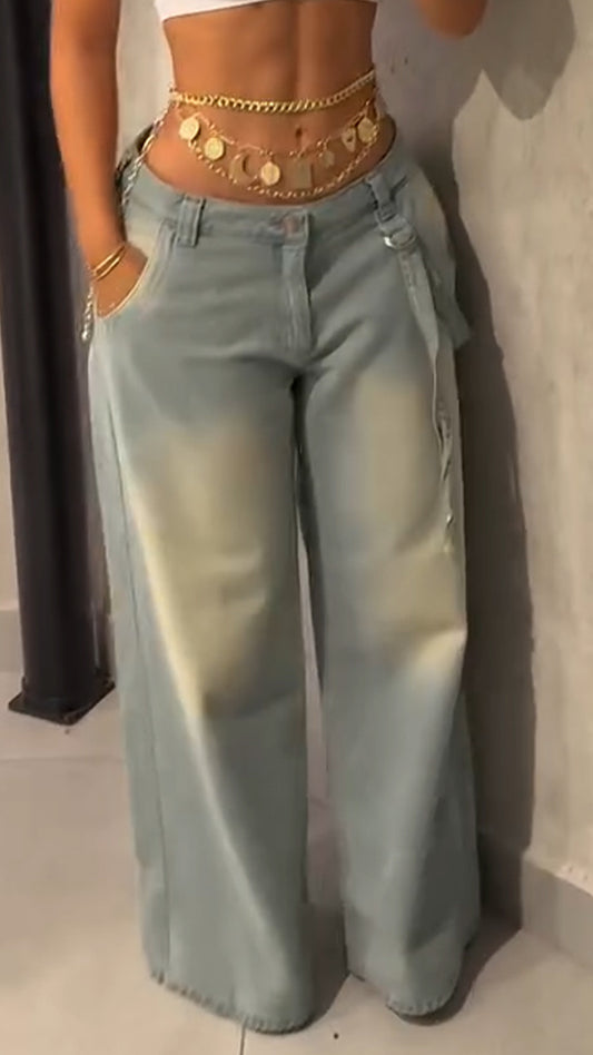 Ladies' Wash Water Splicing Pocket Denim Jeans