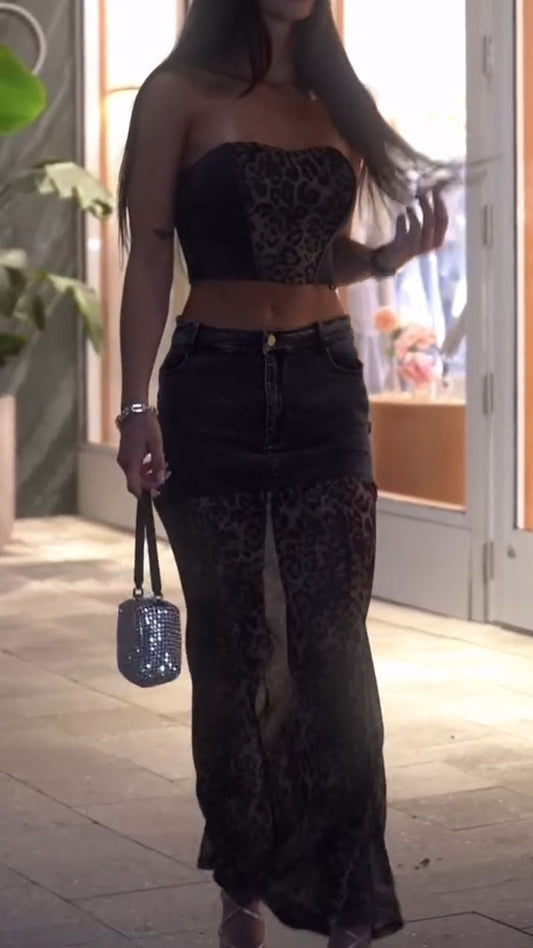 Women's Spring/Summer Casual Denim Splicing Leopard Print Tube Top Long Skirt Set - MATCHING MASTER