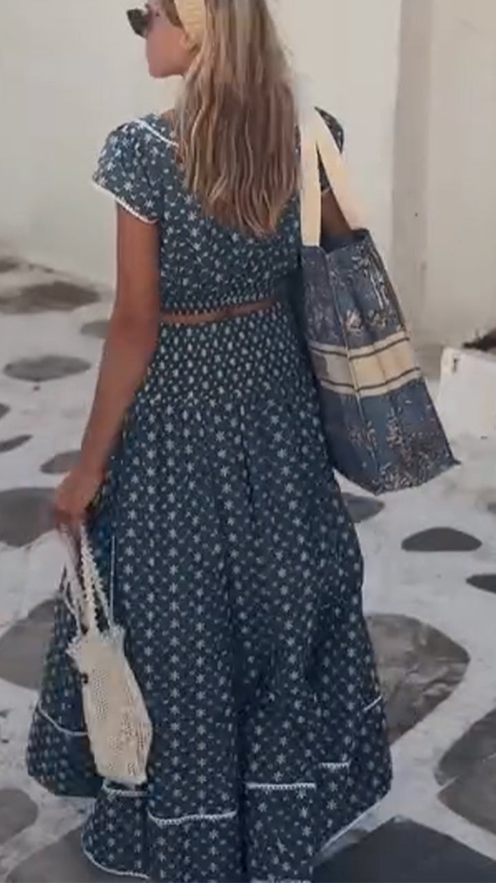 Ladies' Large U Collar Splicing Printed Casual Set - MATCHING MASTER