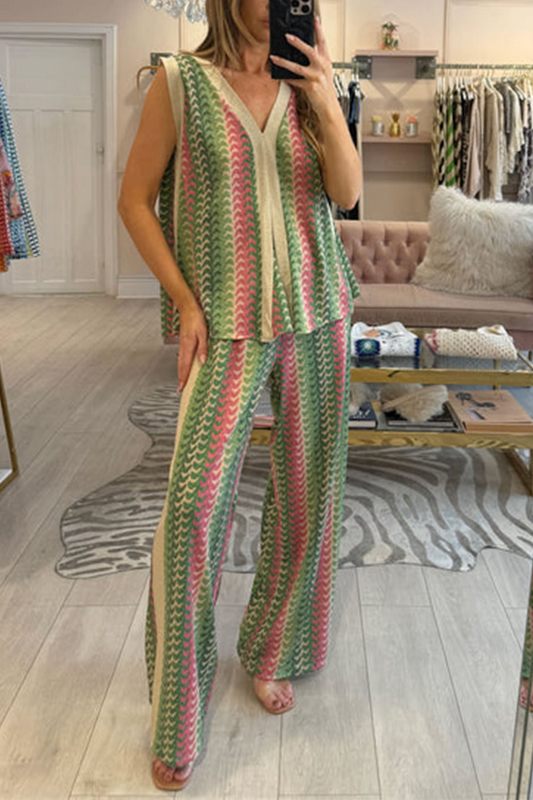 Ladies' V-neck Vertical Print Multi-color Casual Set - MATCHING MASTER