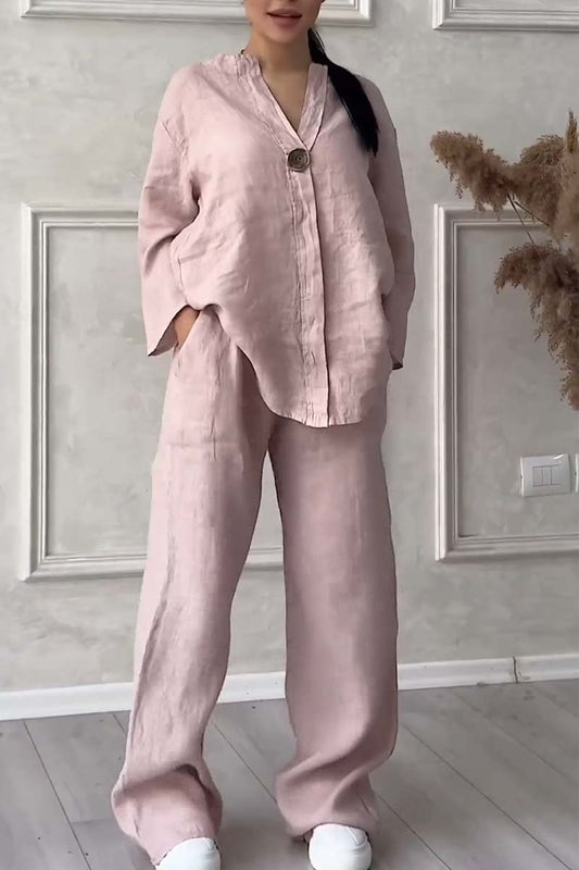 Casual button decorated cotton and linen two-piece set - MATCHING MASTER