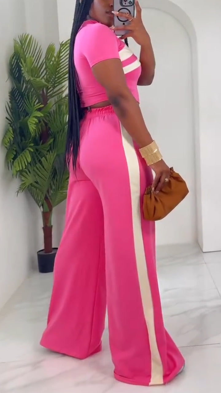 Ladies Collar Striped Zipper Top+ Pants Casual Set - MATCHING MASTER