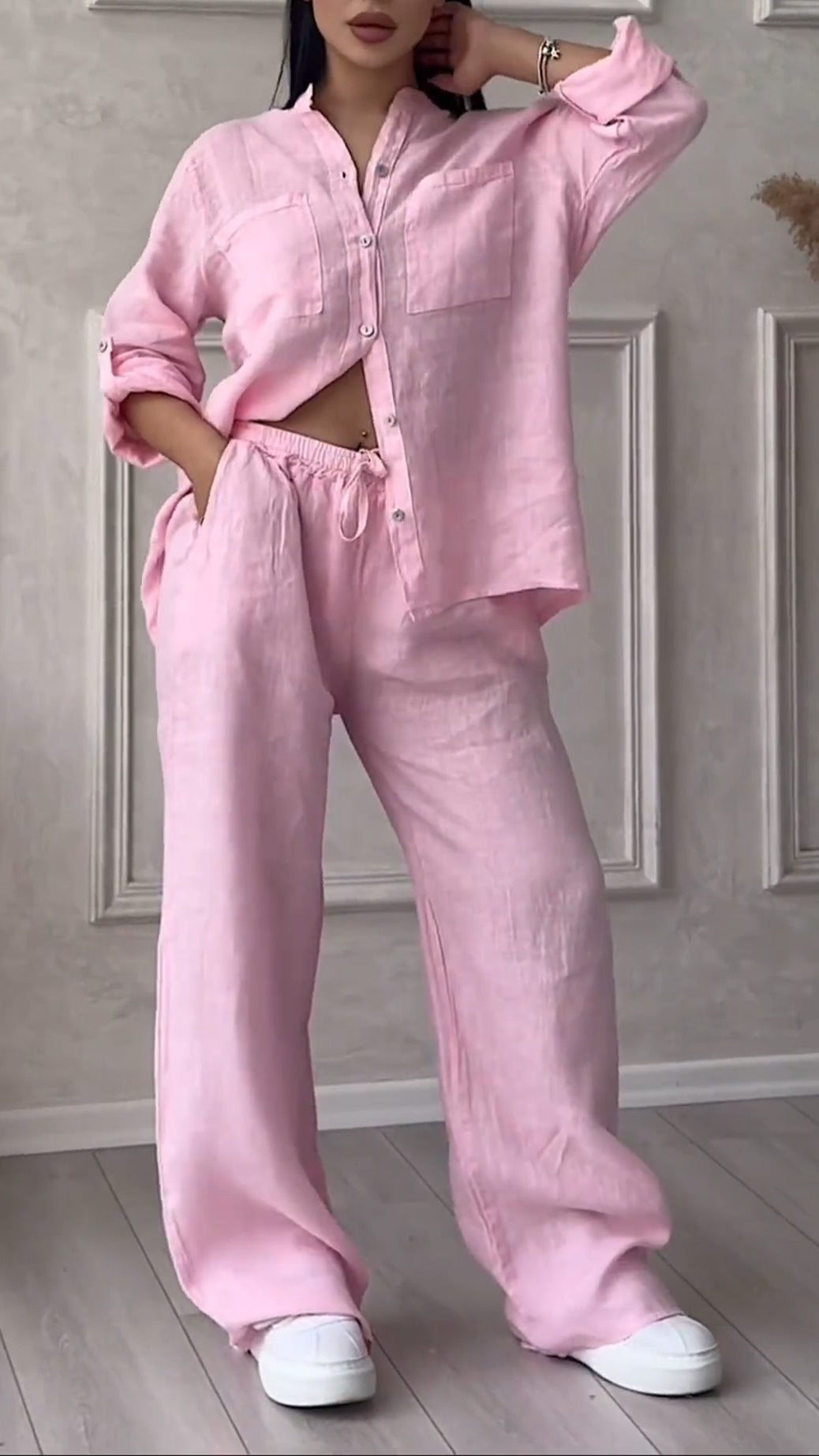Women's V-neck Cotton and Linen Casual Suit - MATCHING MASTER