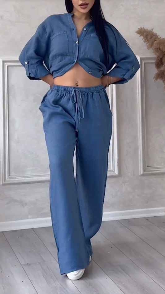 Women's V-neck Cotton and Linen Casual Suit - MATCHING MASTER