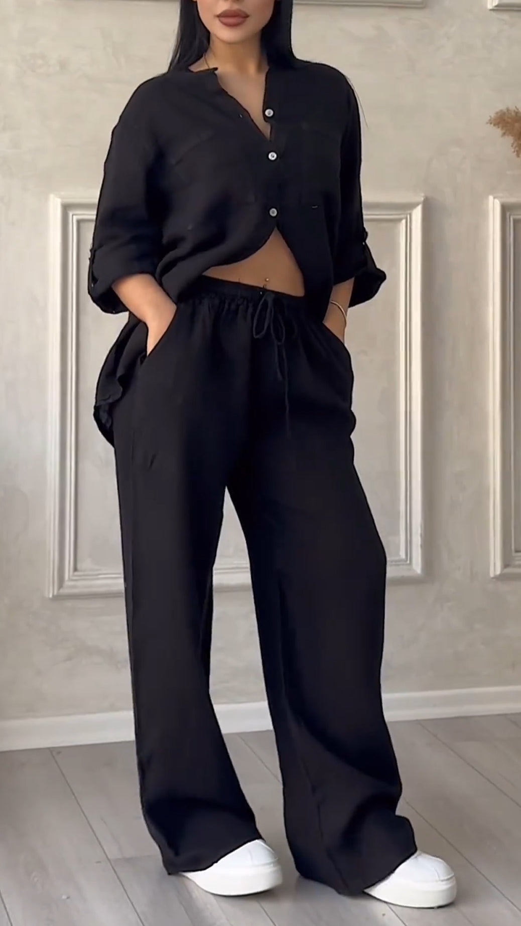 Women's V-neck Cotton and Linen Casual Suit - MATCHING MASTER