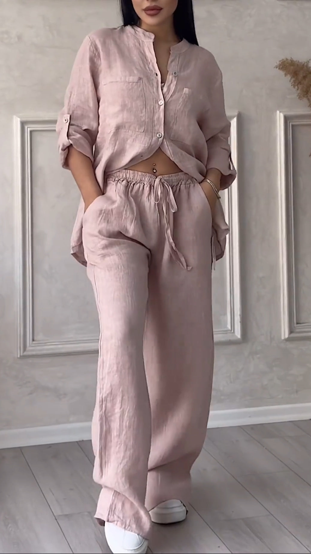 Women's V-neck Cotton and Linen Casual Suit - MATCHING MASTER