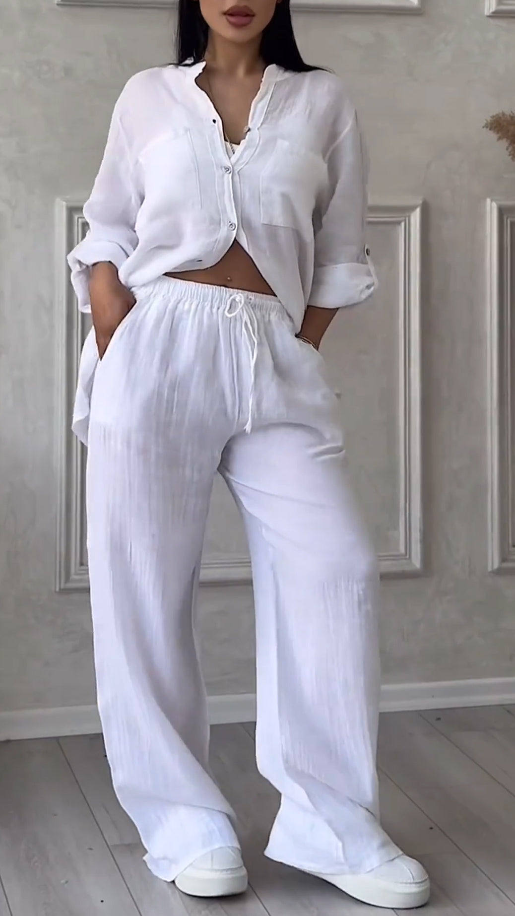Women's V-neck Cotton and Linen Casual Suit - MATCHING MASTER