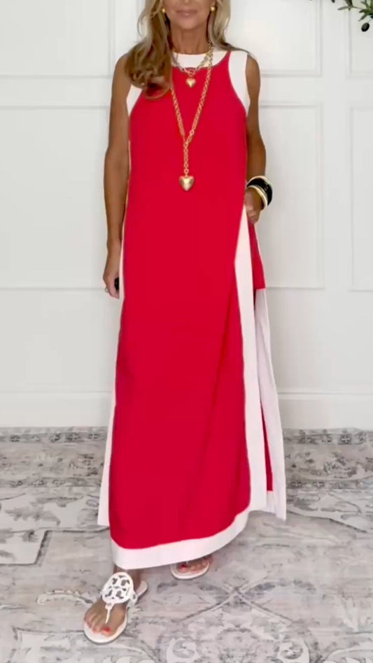 Ladies' Round Neck Patchwork Slit Long Skirt+ Shorts Casual Set - MATCHING MASTER