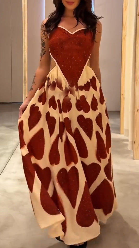 Ladies' Suspender Heart-shaped Printed Hollow Elegant Casual Dress - MATCHING MASTER