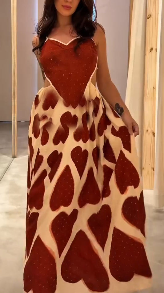 Ladies' Suspender Heart-shaped Printed Hollow Elegant Casual Dress - MATCHING MASTER