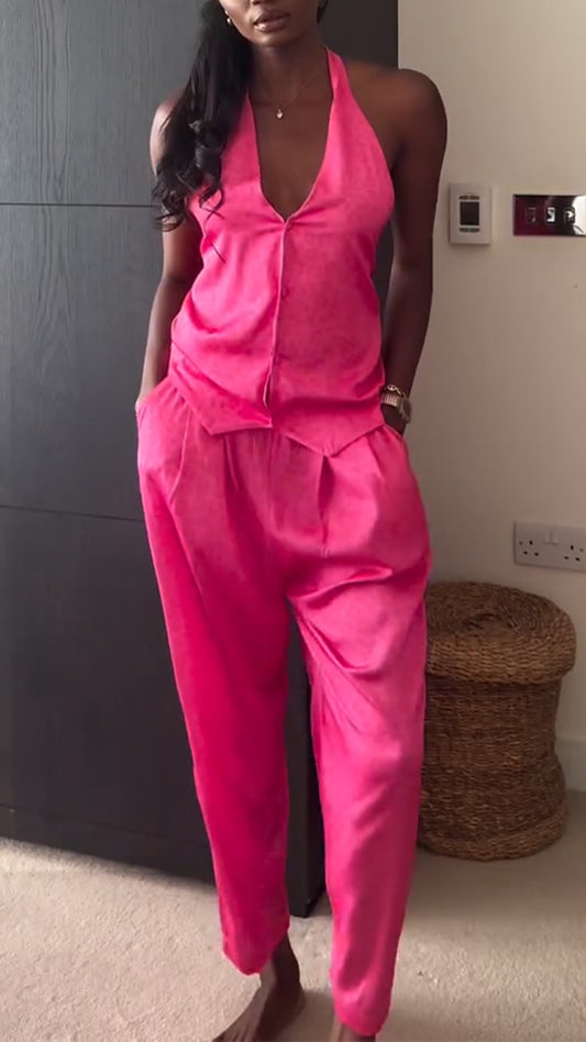 Ladies' Neck Strap Hollow Top+ Pants Casual Suit - MATCHING MASTER