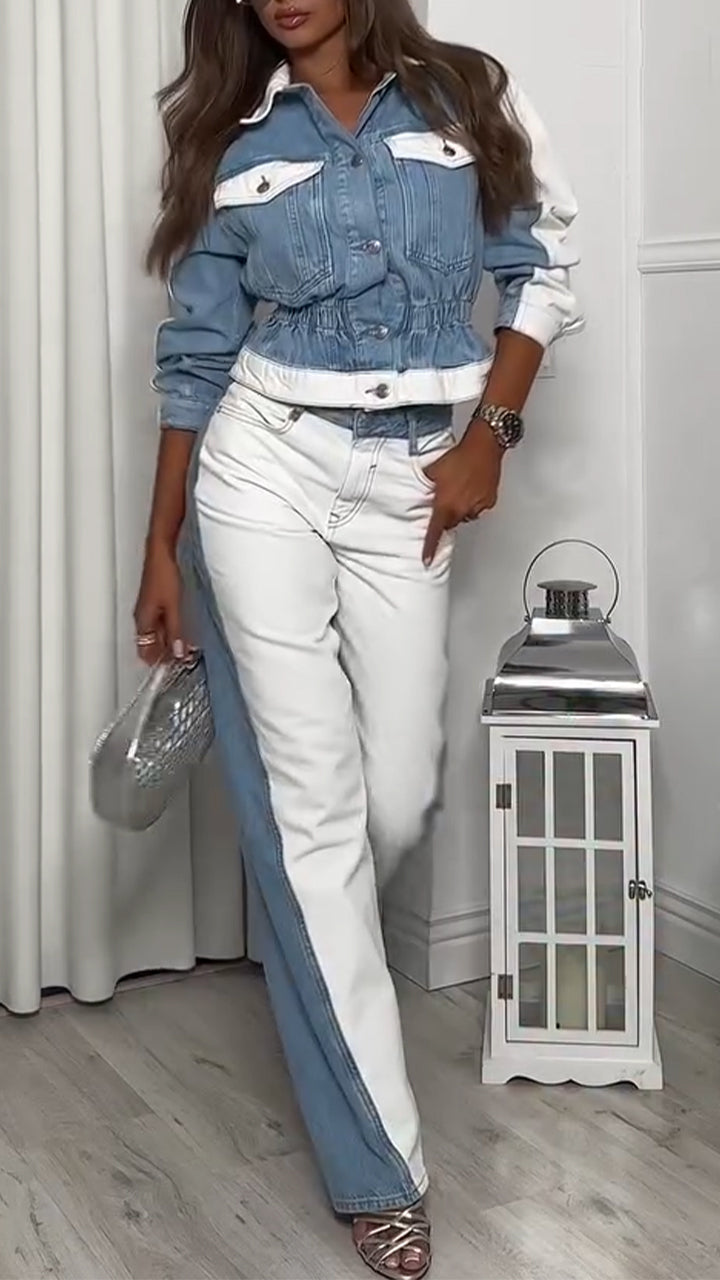 Ladies Collar and Buckle Splicing Top+ Pants with A Casual Temperament Suit - MATCHING MASTER