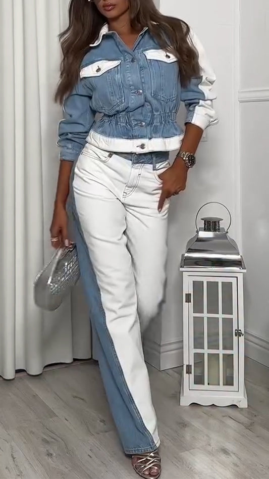 Ladies Collar and Buckle Splicing Top+ Pants with A Casual Temperament Suit - MATCHING MASTER