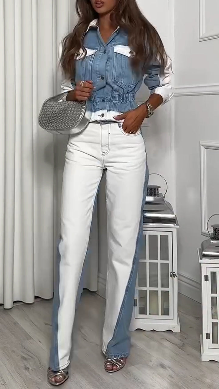 Ladies Collar and Buckle Splicing Top+ Pants with A Casual Temperament Suit - MATCHING MASTER