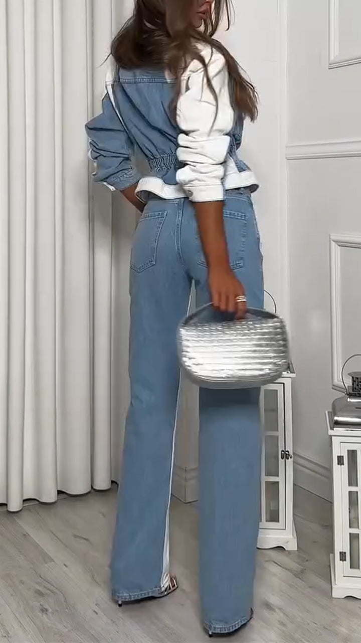 Ladies Collar and Buckle Splicing Top+ Pants with A Casual Temperament Suit - MATCHING MASTER