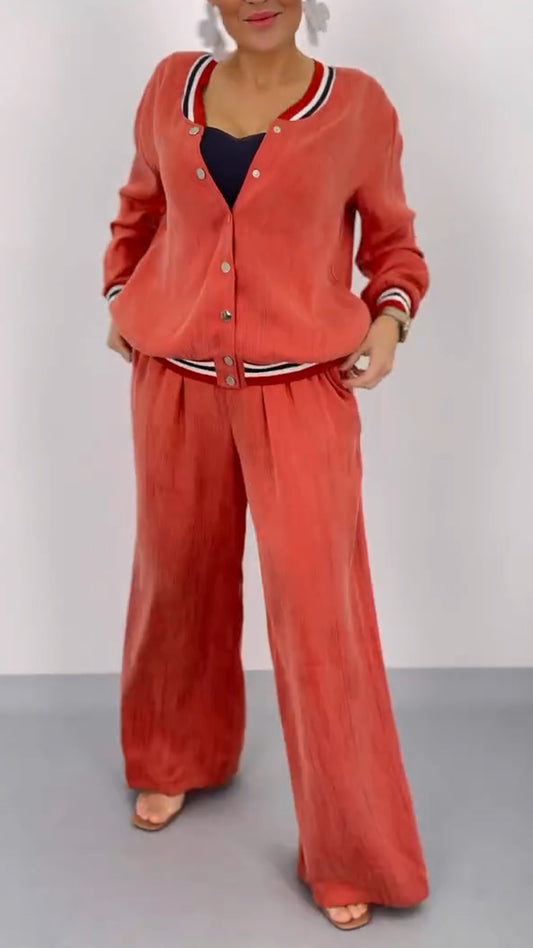 Ladies' Round Neck Patchwork Striped Breasted Top+ Pants Casual Set - MATCHING MASTER