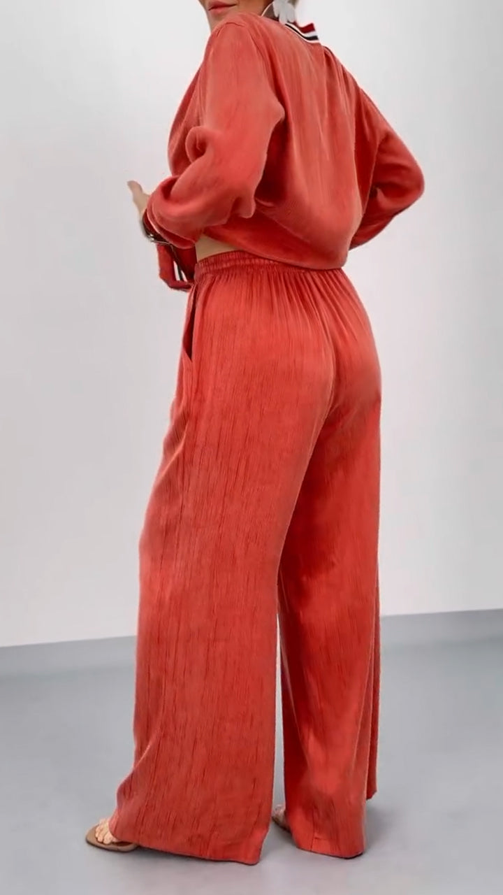 Ladies' Round Neck Patchwork Striped Breasted Top+ Pants Casual Set - MATCHING MASTER