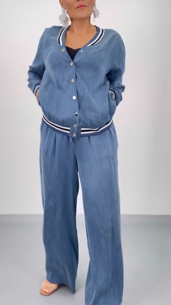 Ladies' Round Neck Patchwork Striped Breasted Top+ Pants Casual Set - MATCHING MASTER