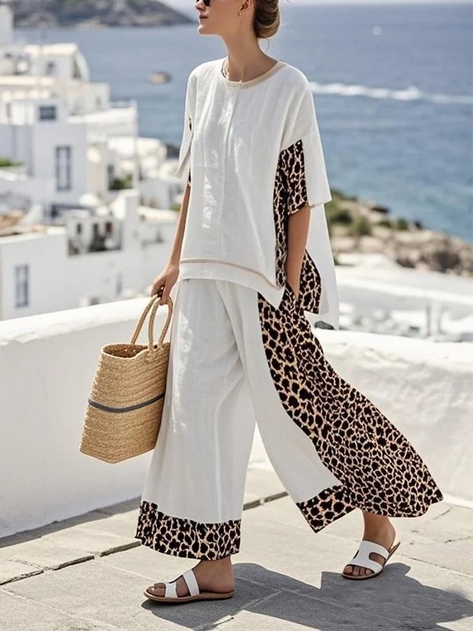 Ladies' Round Neck Leopard Print Loose Casual Suit - MATCHING MASTER