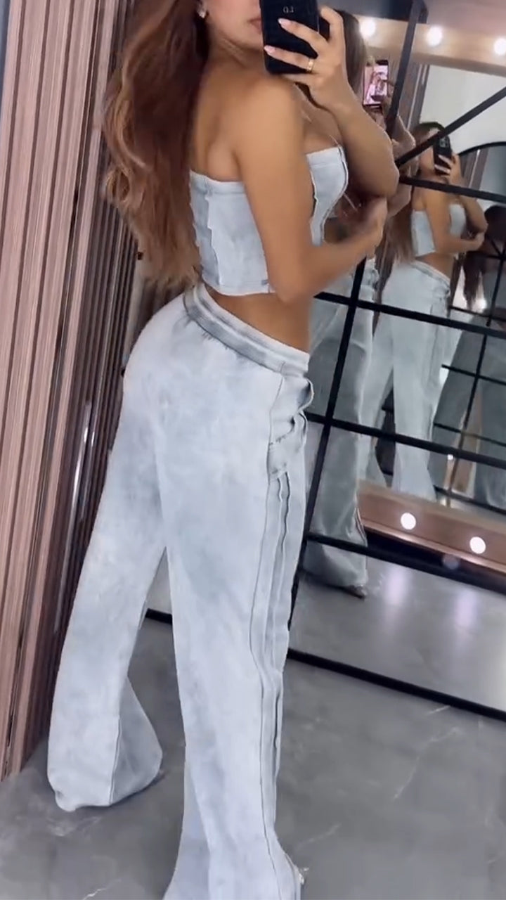 Ladies' Strapless Patchwork Top + Pants Casual Set - MATCHING MASTER