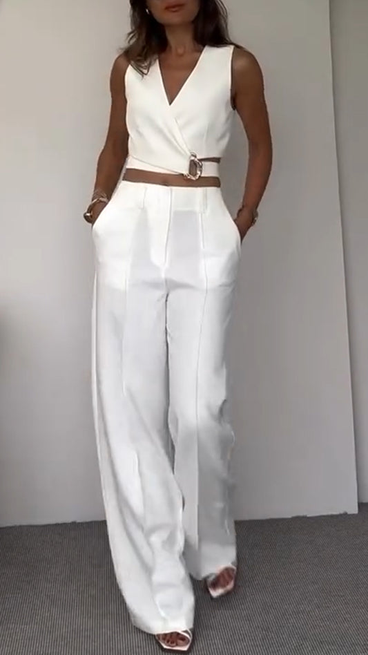 Women's V-neck Short Top + Trousers Casual Suit - MATCHING MASTER