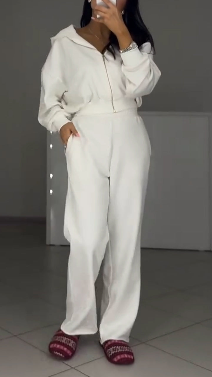 Ladies Round Neck Hooded Patchwork Printed Top+ Ripped Pants Casual Set