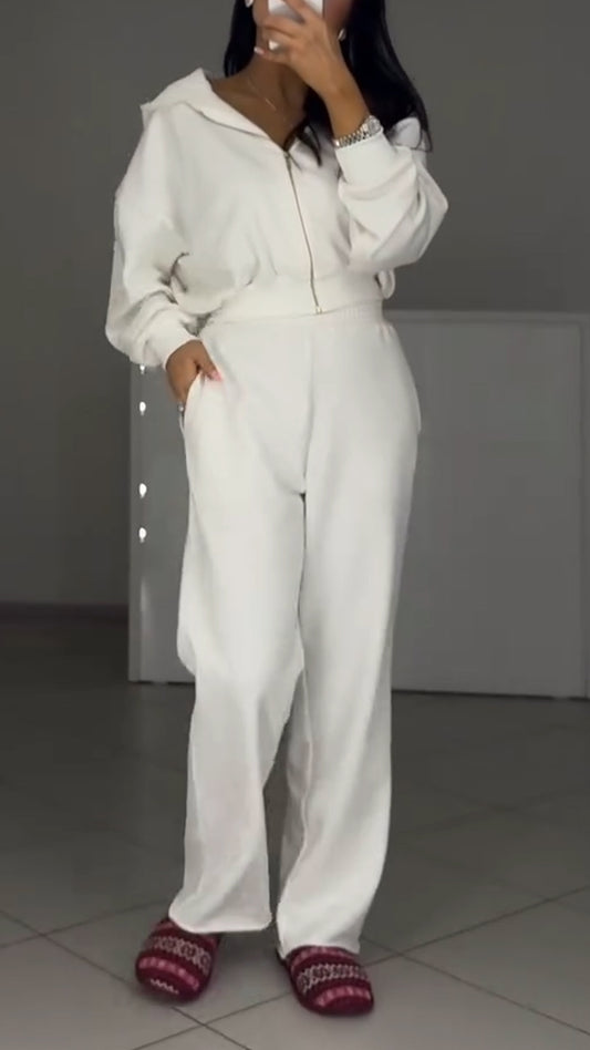 Ladies Round Neck Hooded Patchwork Printed Top+ Ripped Pants Casual Set