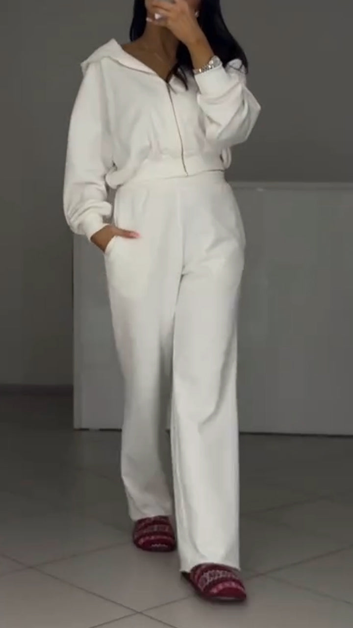 Ladies Round Neck Hooded Patchwork Printed Top+ Ripped Pants Casual Set