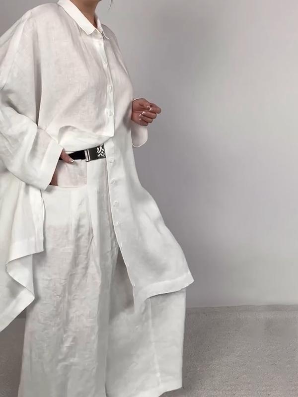 Women Casual Plain Shirt and Pants Two-pieces Set - MATCHING MASTER