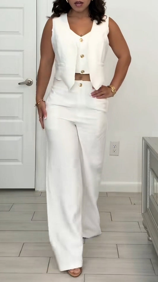 Ladies' Round Neck Fake Two-piece Top+ Pants Casual Temperament Set - MATCHING MASTER