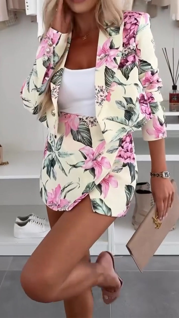 Ladies Collar Printed Jacket+ Midi Skirt Commuting Temperament Set - MATCHING MASTER