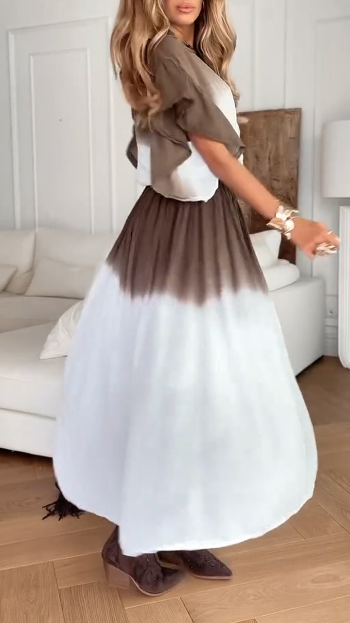 Ladies' Round Neck Breasted Gradient Contrasting Top+ Half Skirt Casual Suit - MATCHING MASTER