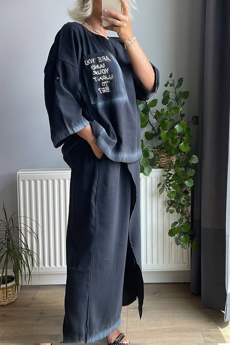 Ladies' Round Neck Printed Letter Top+ Spliced Fake Two-piece Pants Casual Set - MATCHING MASTER